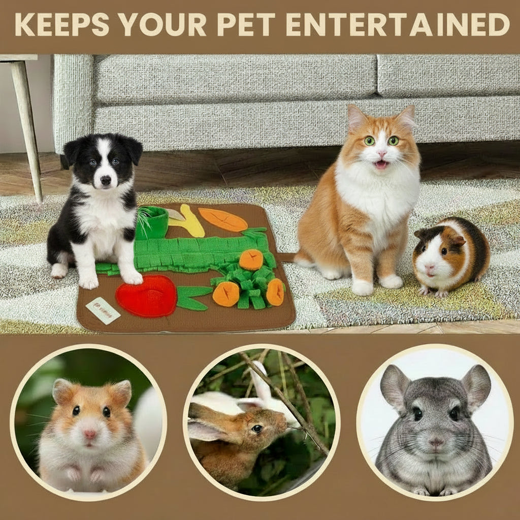 Dog playing with a toy mat shaped like a garden, with text 'Keeps your pet entertained' above.