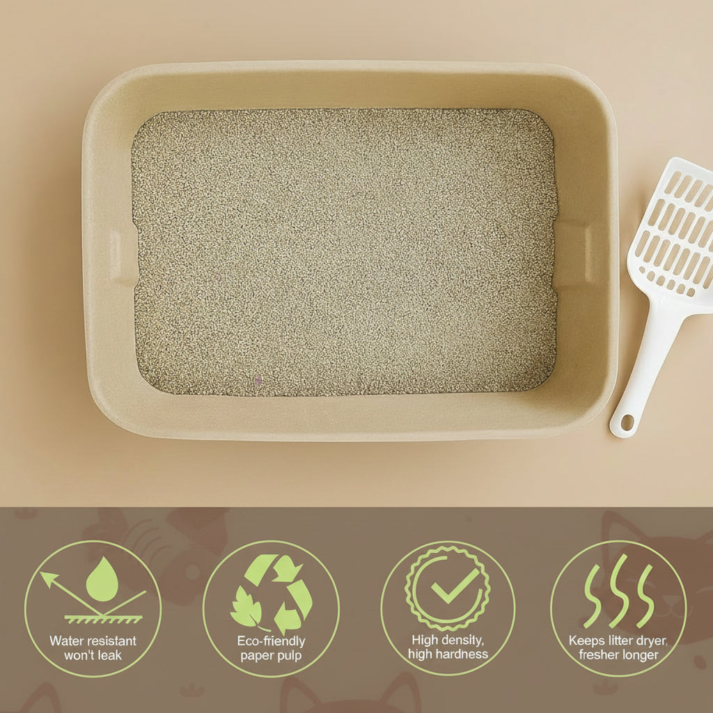 Cat litter box with cat litter on a tiled floor, featuring a brown banner with product features.