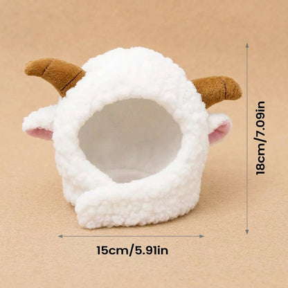 A white plush sheep-shaped pet bed with brown horns and pink inner ears, shown on a white background with dimension lines indicating 15 cm width and 18 cm height.
