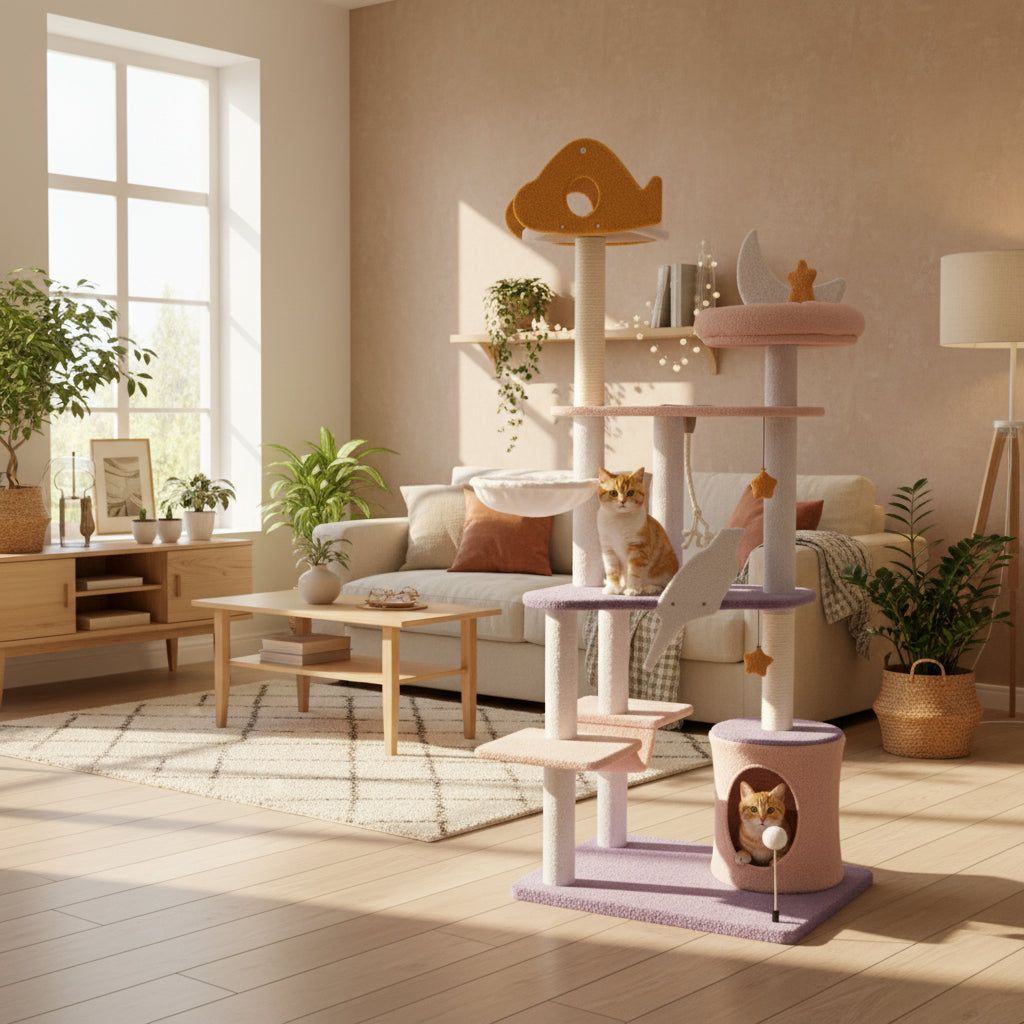 Cat tree with multiple levels and a cat sitting on it in a living room setting.