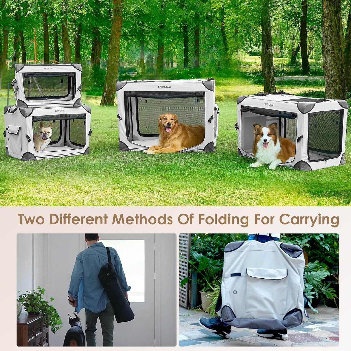 Collapsible pet carrier with dogs inside, shown in various stages of folding and being carried outdoors.