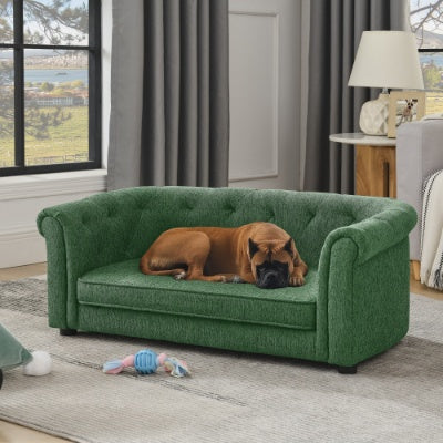 Contemporary Pet Sofa with Arc-Shaped Backrest - Breathable Linen Dog Couch with Button-Tufted Design