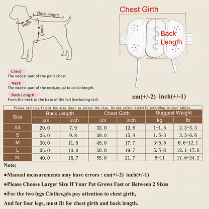 Dog size chart with measurements for back length, chest girth, and neck width.