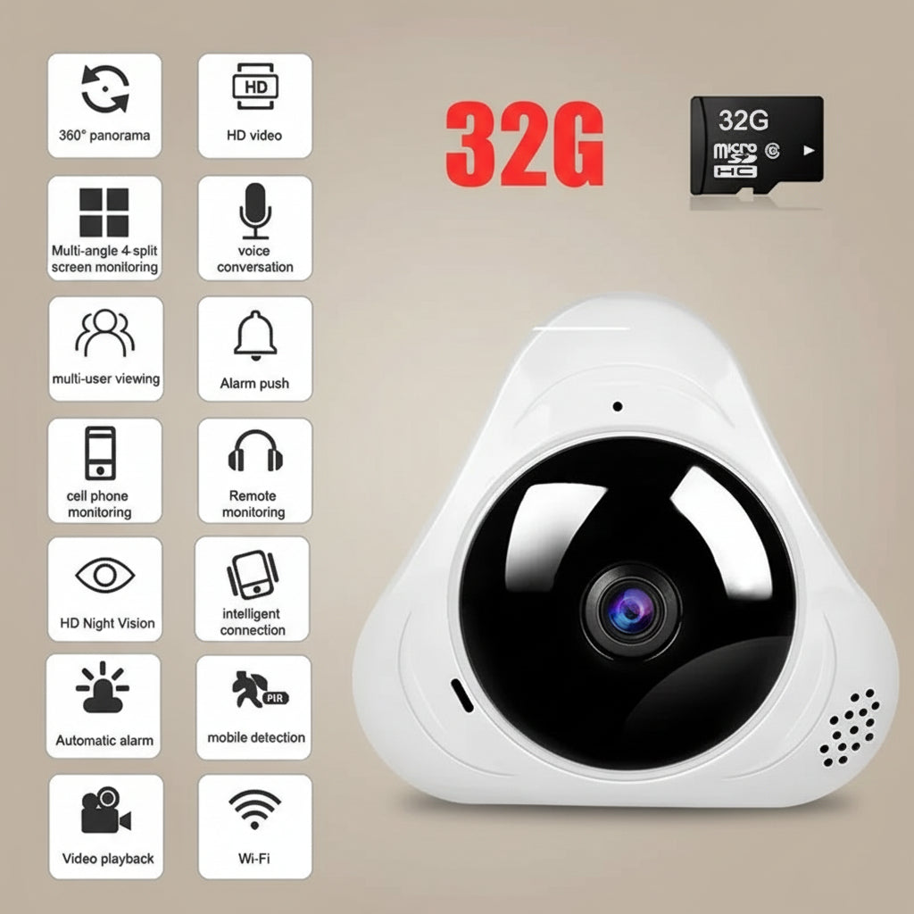 White security camera with features listed on a white background