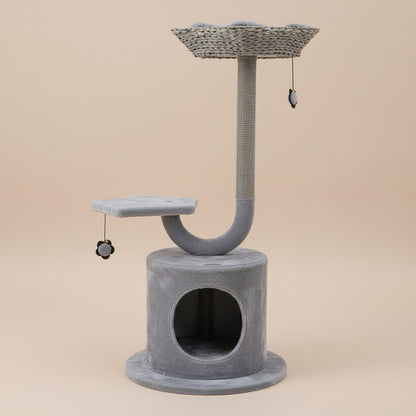 Gray cat tree with multiple platforms and a scratching post on a beige background