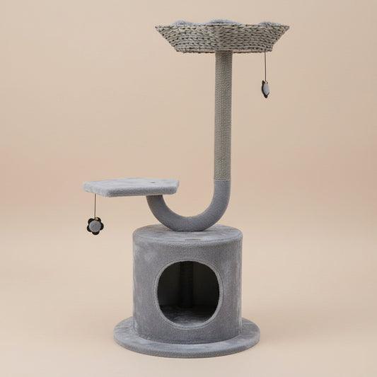 Gray cat tree with multiple platforms and a scratching post on a beige background