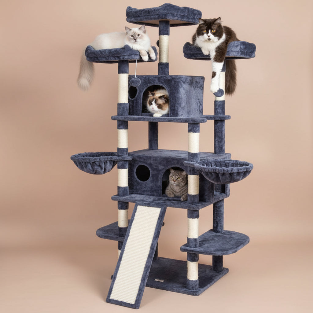 Cat tree with multiple levels and a cat sitting on top