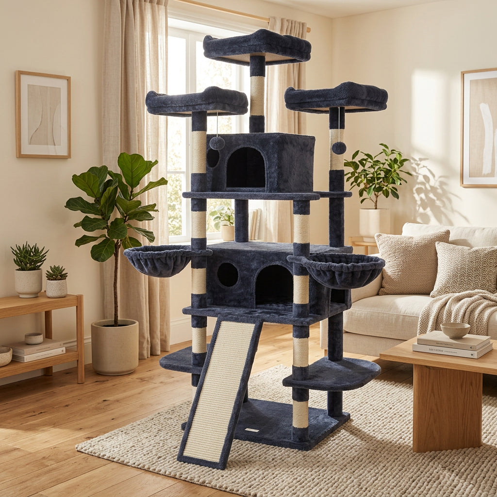 Cat tree with multiple levels, ramp, condos and hammocks in a living room