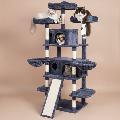 Cat tree with multiple levels and a cat sitting on top