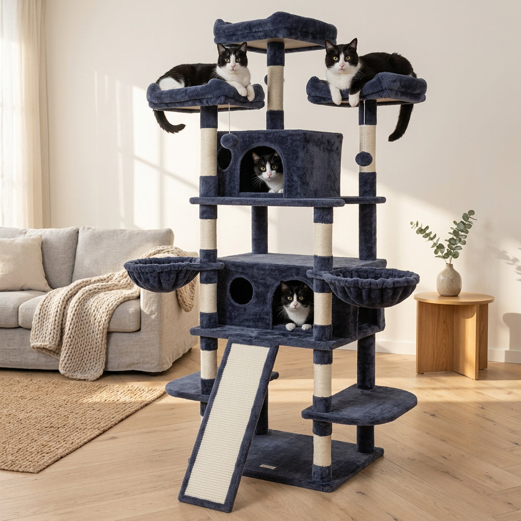 Dark gray colored cat tree in a living room setting with several black and white cats climbing and enjoying the tree.