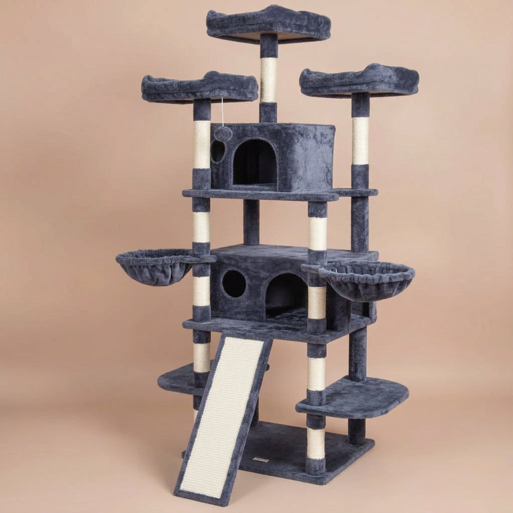 Dark gray cat tree with condos, hammocks, scratching ramp and more on a beige background