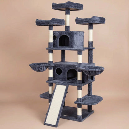 Dark gray cat tree with condos, hammocks, scratching ramp and more on a beige background