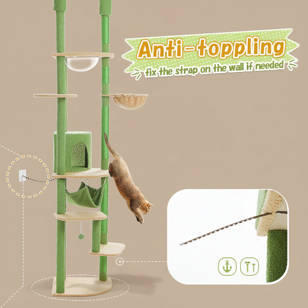 Cat climbing tree with safety strap feature in a living room setting