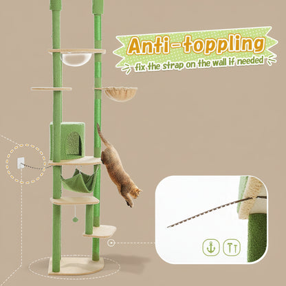 Cat climbing tree with safety strap feature in a living room setting