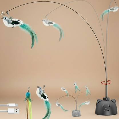 Cat toy with moving feathers and cat jumping up at it, on a beige background