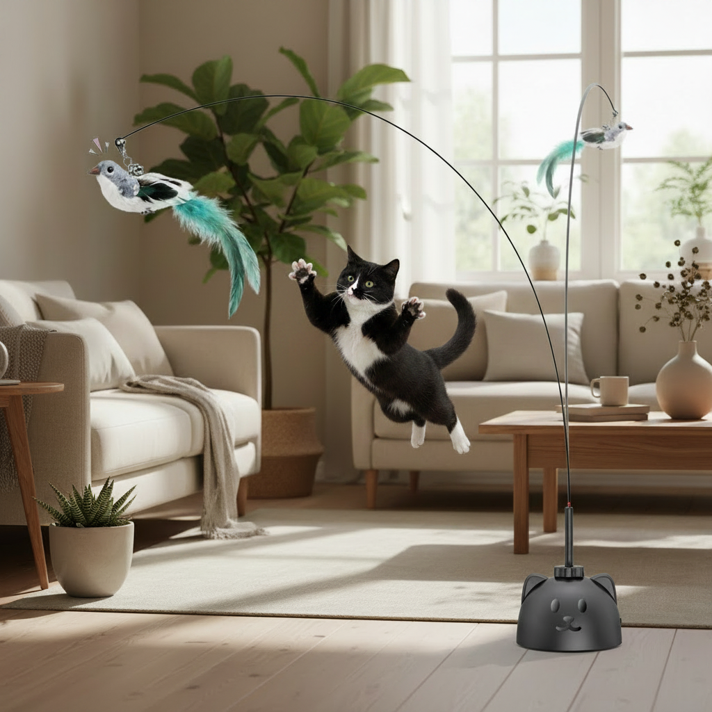 Cat toy with moving feathers and bird figure in a living room setting