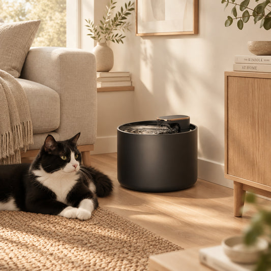 Black pet water fountain on a floor with a cat lying nearby, plugged into an outlet.