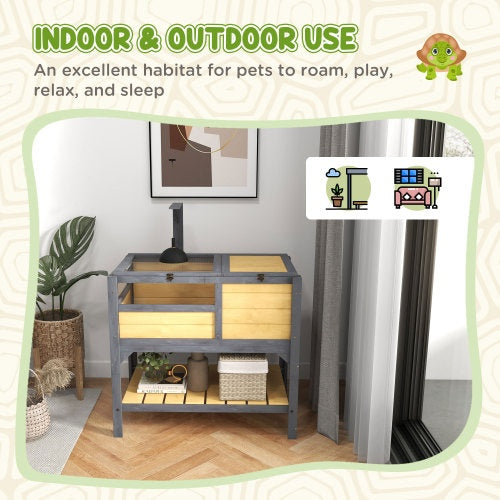 Pet habitat with indoor and outdoor use text and illustrations.