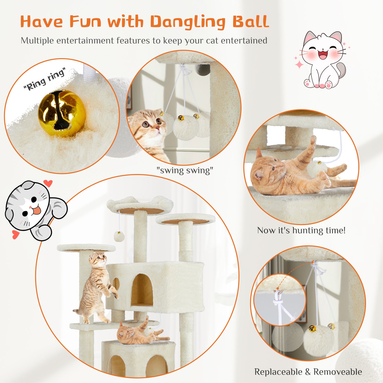 Cat entertainment product with a ball and cat tree, featuring text and cartoon cat illustrations.