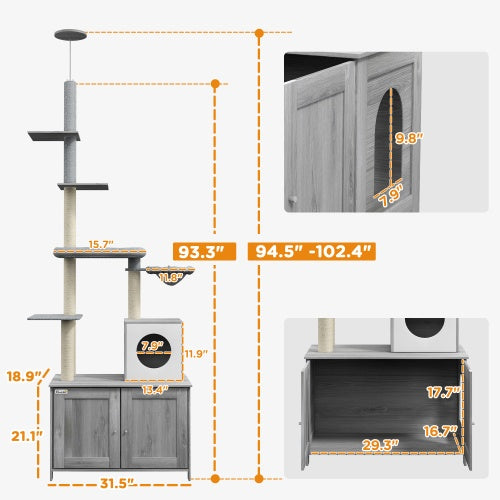 PawHut Cat Tree with Litter Box Enclosure - 2 in 1 Floor to Ceiling Cat Tower Litter Box Furniture with Condo, Bed, Hammock, Scratching Posts, and Platforms for Indoor Use, Gray