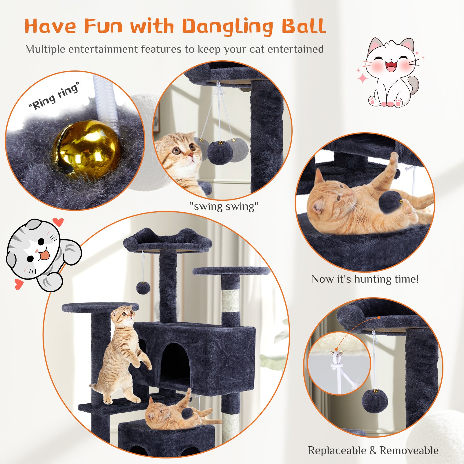 Cat play tree with dangling ball and multiple entertainment features for cats.