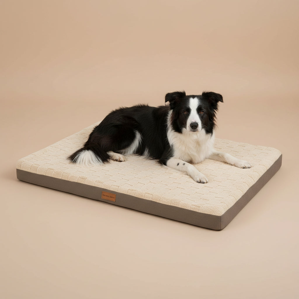 Dog lying on a pet bed on a beige background.