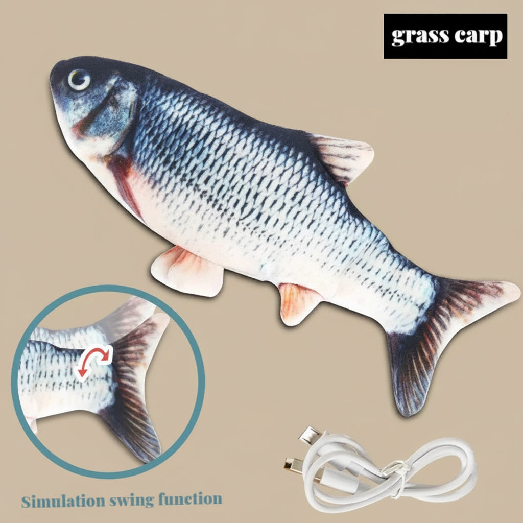 Fish-shaped toy with charging cable on a beige background, featuring text about lithium batteries and an OPP bag.