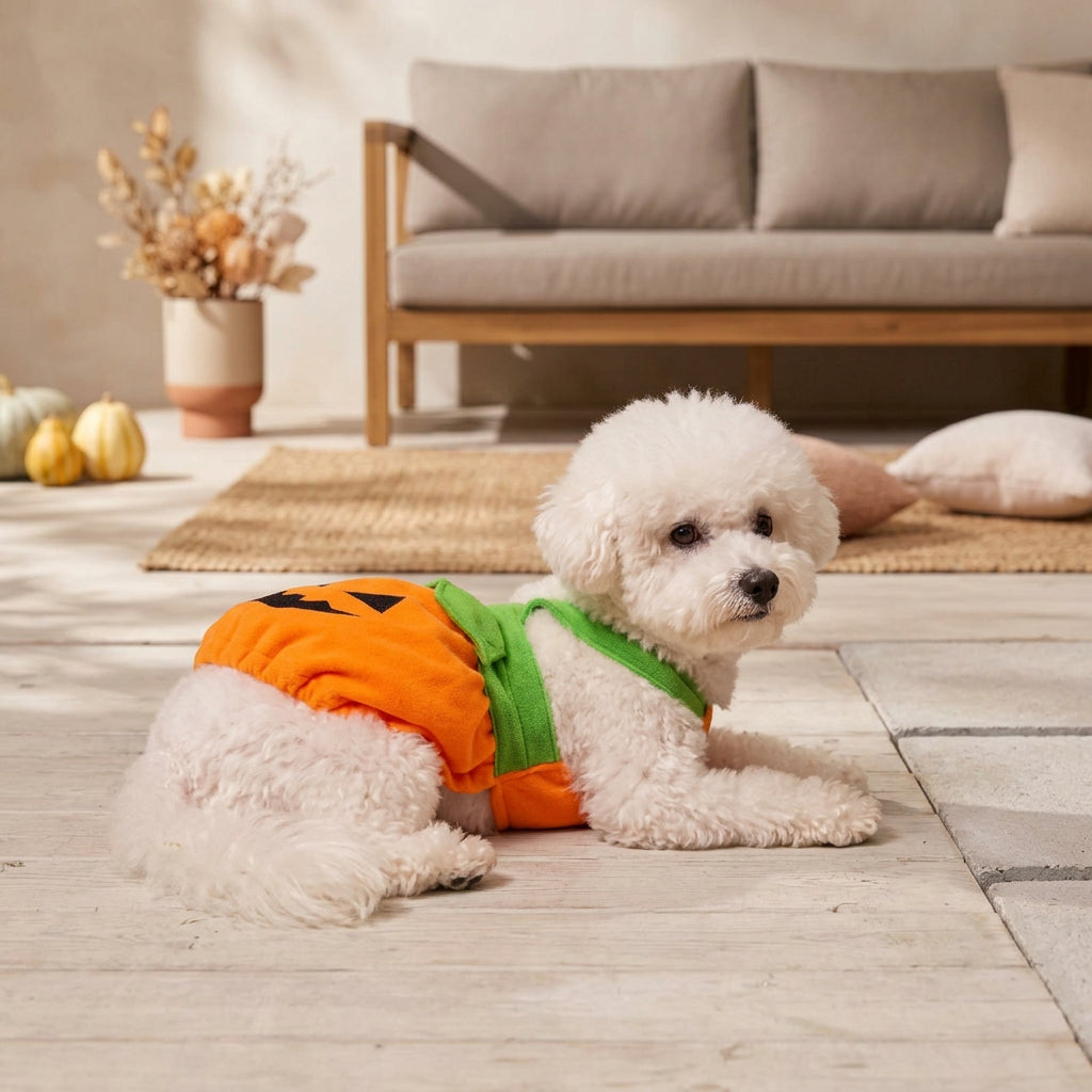 A small white dog wearing an orange pumpkin-shaped pet costume with green straps, laying on a outdoor patio.