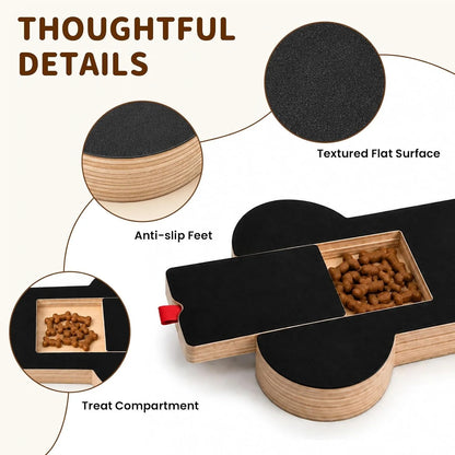 A product feature infographic for a wooden treat dispenser. The main image shows the dispenser with a sliding lid open, revealing a treat compartment filled with kibble.