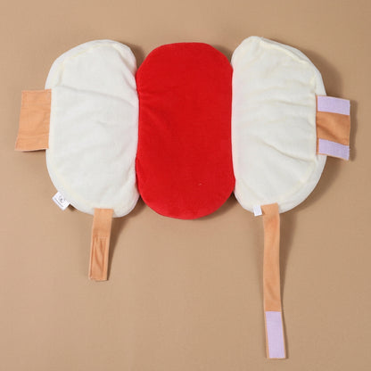 Inside of costume resembling a hod dog in a bun on a beige background