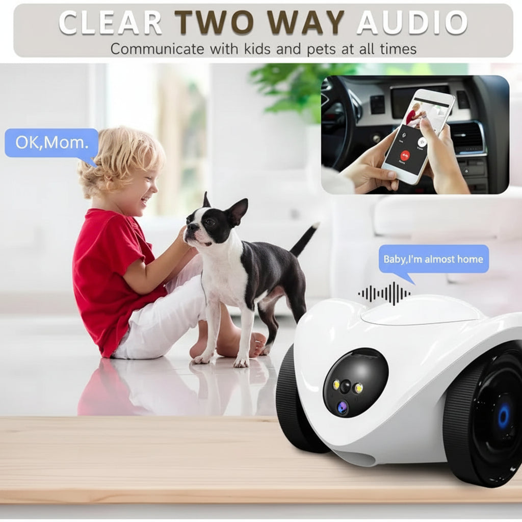 Smart device with two-way audio feature shown interacting with a child and a dog, with inset showing phone communication.
