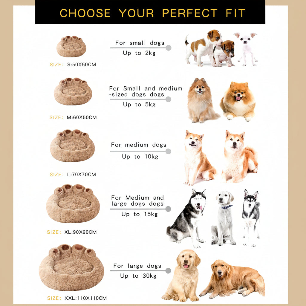 Dog bed size chart with images of dogs and corresponding bed sizes.