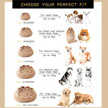 Dog bed size chart with images of dogs and corresponding bed sizes.