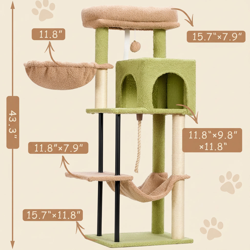 Cat tree with dimensions labeled on a beige background