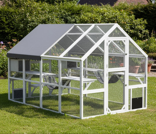 Large Catio Outdoor Cat Enclosure for Multiple Kittens, Wooden Cat House with Waterproof Cover, Walk in Kitty Cage Kennel With