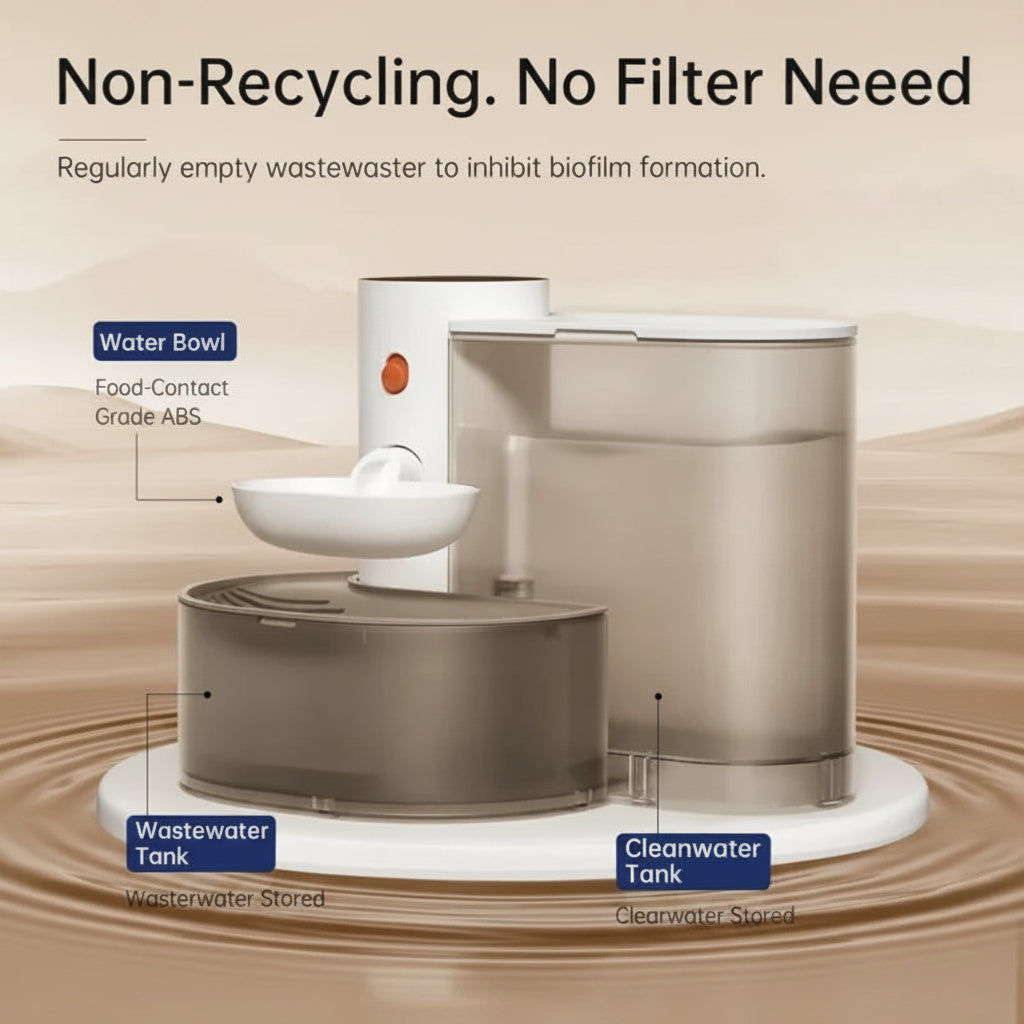 Pet water fountain with labeled parts on a light beige background.