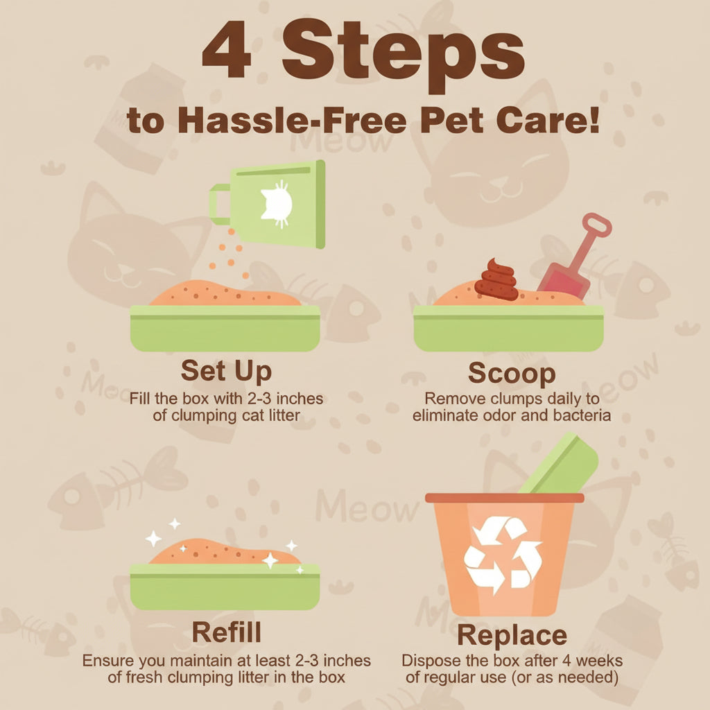 Infographic with 4 steps for hassle-free pet care on a beige background