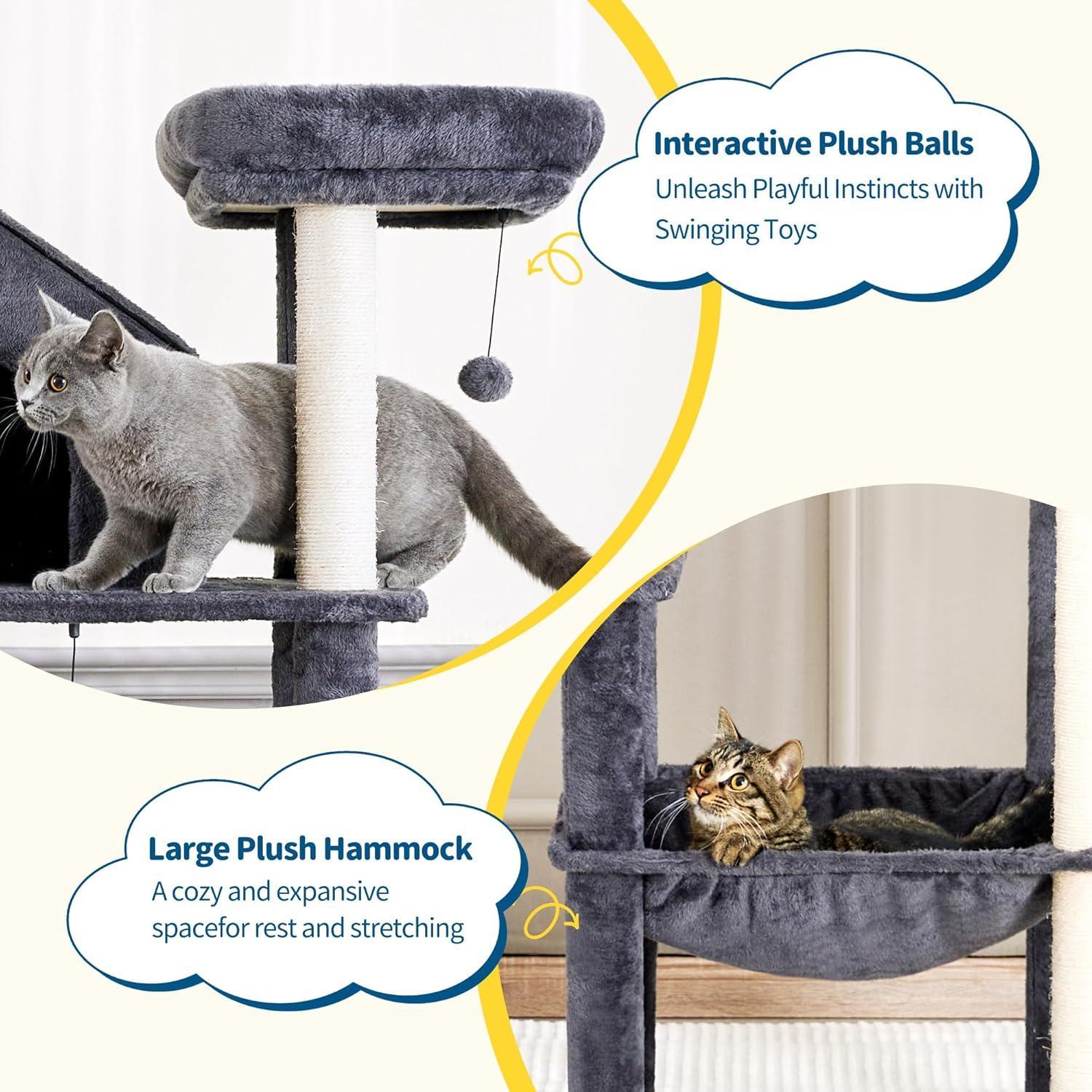Cat playing with a plush ball on a cat tree, with text describing features.