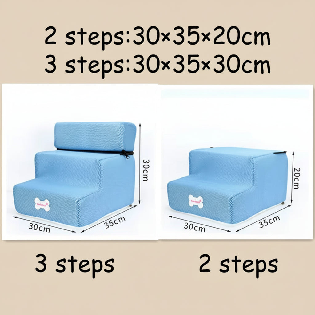 Blue pet steps with dimensions labeled on a white background