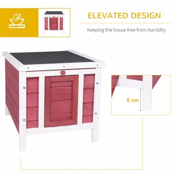 Red and white wooden pet house with elevated design feature on a white background