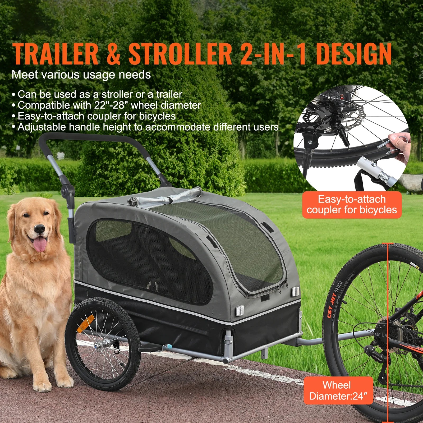 Dog Bike Trailer, Supports up to 88 Lbs, 2-In-1 Pet Stroller Cart Bicycle Carrier, Easy Folding Cart Frame with Quick Release Wheels, Universal Bicycle Coupler, Reflectors, Flag, Black/Gray