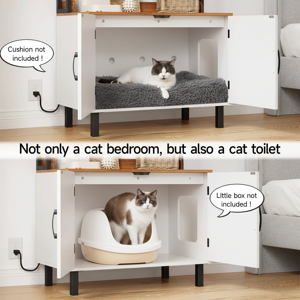 White cabinet with cat bed and litter box inside, labeled as a multi-purpose pet furniture use for a litter box or a sleeping space.