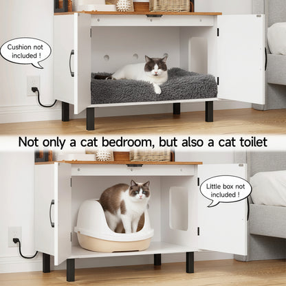 White cabinet with cat bed and litter box inside, labeled as a multi-purpose pet furniture use for a litter box or a sleeping space.