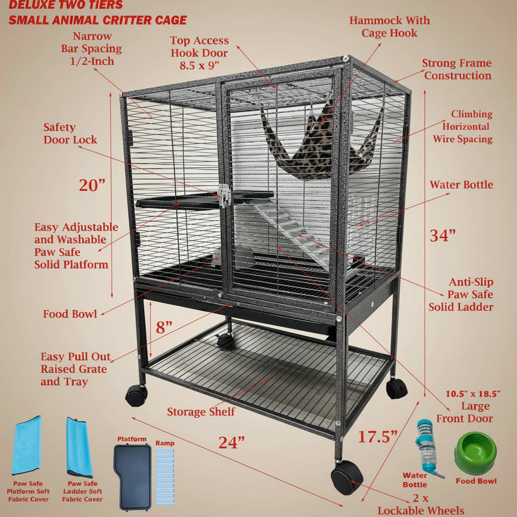 Detailed diagram of a small animal cage with features and measurements.