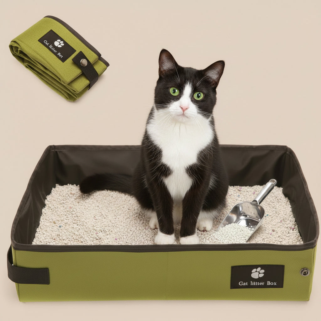 Cat sitting in a green and black travel litter box with a green cover on a beige background