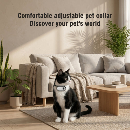 A black and white cat wearing a black adjustable pet collar with a white oval camera device, shown in a bright living room. Text at the top reads 'Comfortable adjustable pet collar Prevent harm to kittens' and 'Camera accessories'.