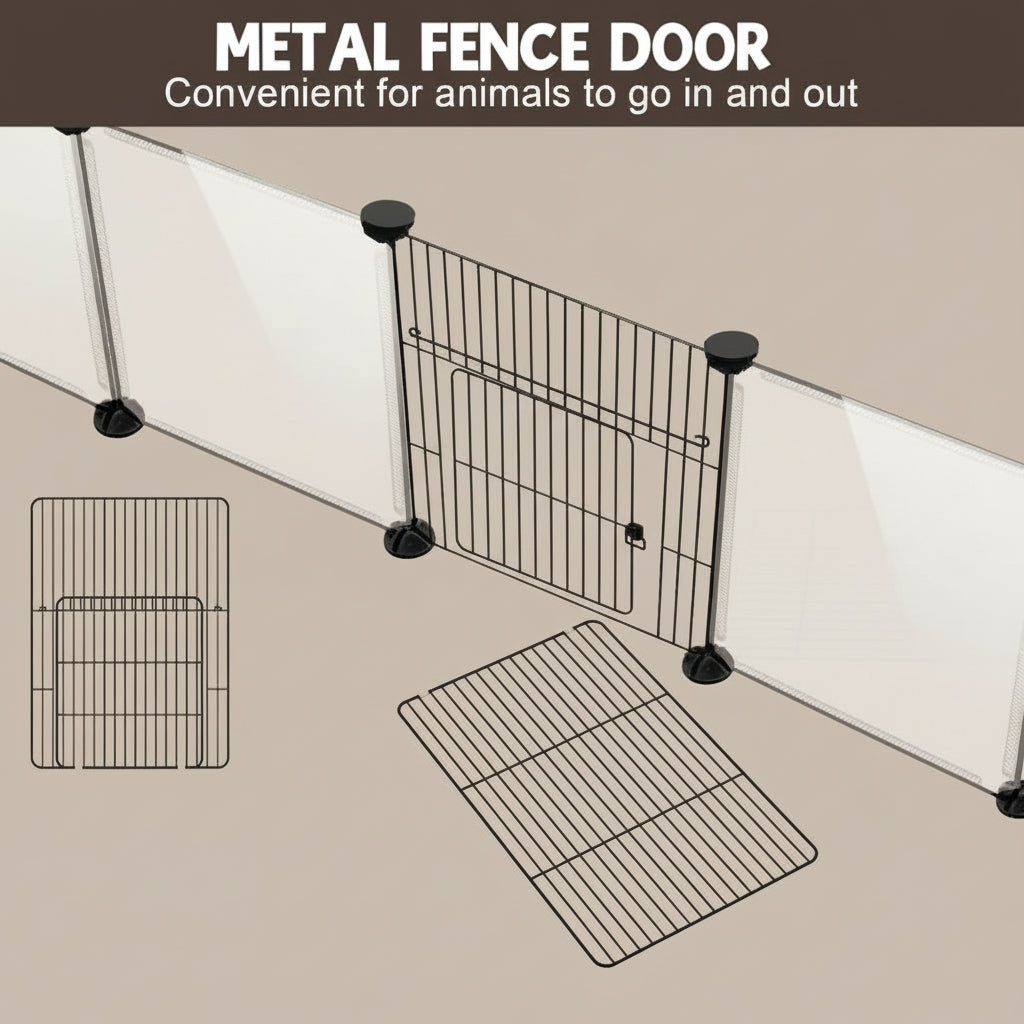 Metal fence door for animals with text indicating convenience for movement.
