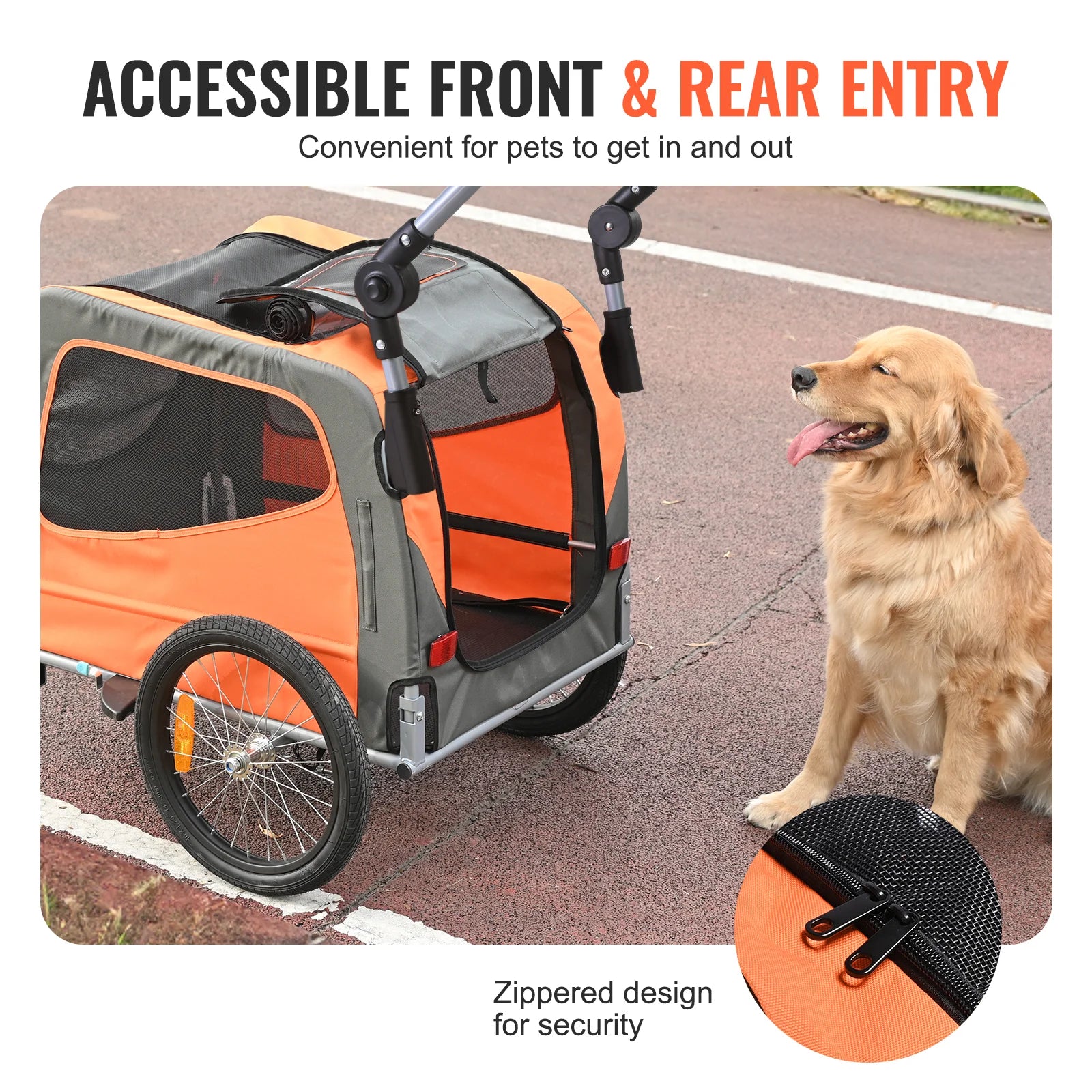 Dog Bike Trailer, Supports up to 66 Lbs, 2-In-1 Pet Stroller Cart Bicycle Carrier, Easy Folding Cart Frame with Quick Release Wheels, Universal Bicycle Coupler, Reflectors, Flag, Orange/Gray
