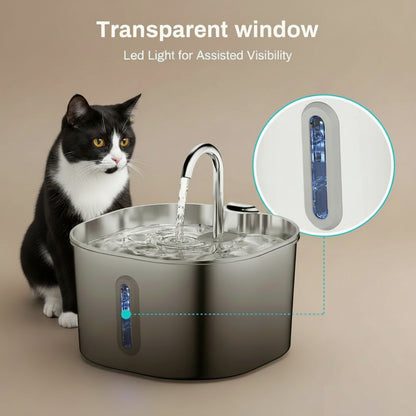 Cat sitting next to a pet water fountain with a transparent window and LED light feature.