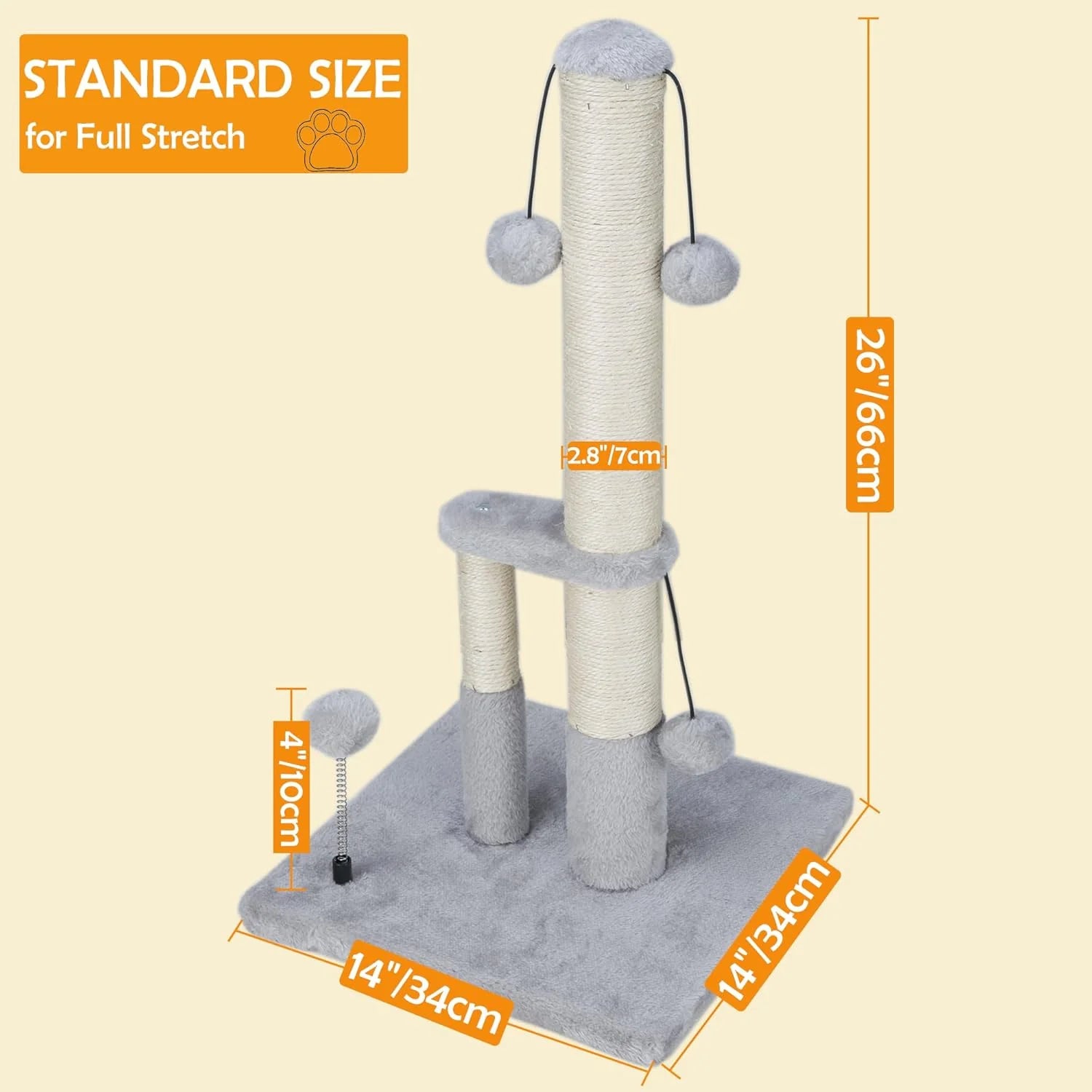 Tall Cat Scratching Post, Double Lower Posts Extra Stable Cat Post Tree Scratcher with Sisal Rope and Teasing 4 Balls Total Large Base